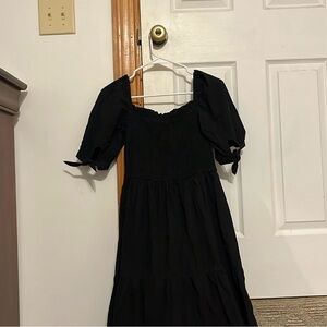 Black Puff Sleeve Midi Dress with Square Neck